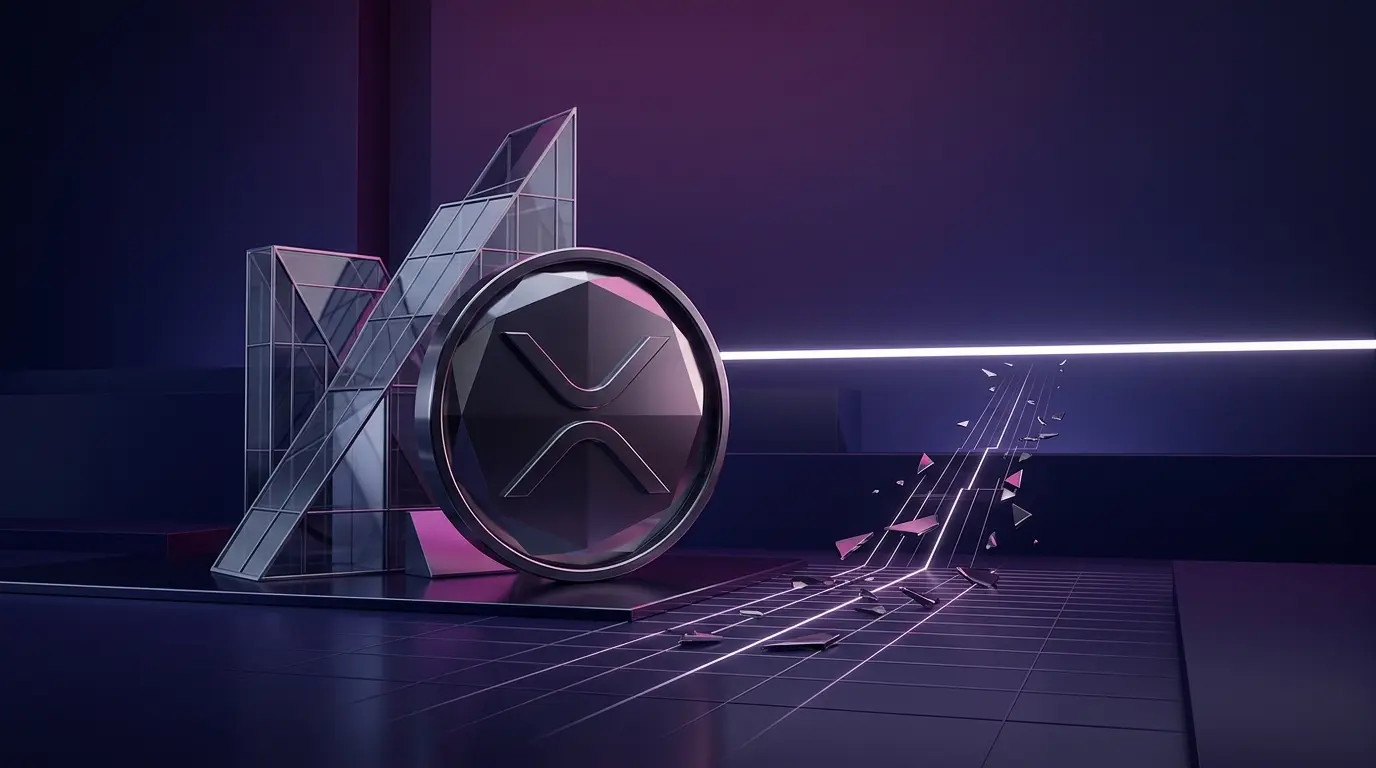Abstract XRP market analysis with a digital exchange tower and price threshold visual